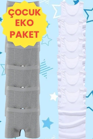 Mood Agenda Erkek Çocuk Pamuklu Penye 6 Atlet 6 Boxer Beyaz Gri