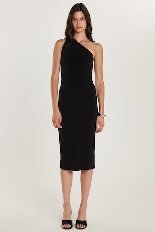 Tudors Kadın Slim Fit Dar Kesim Tek Omuz Askılı Siyah Elbise-34662 Siyah
