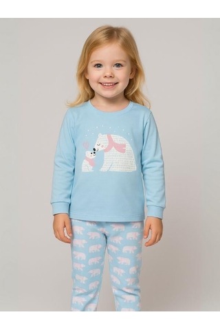 Kız Çocuk Pamuklu Kutup Ayısı Baskılı Pijama Takımı-16020 Turkuaz