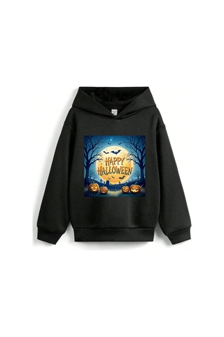 Stil X Halloween - Cadılar Bayramı Baskılı, Kapüşonlu Çocuk Sweatshırt, 3 İplik Şardonlu Siyah-10