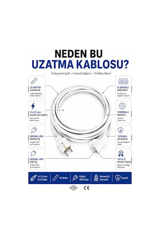 Viko Seyyar Uzatma Kablosu 25 Metre 3x2.5 Mm Cca Kablo Viko Erkek Dişi Fiş Klemensli Terminalli Topraklı Tse Ce Belgeli 25 M