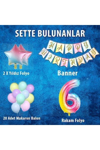 Gökkuşağı Konsepti 6 Yaş Doğum Günü Parti Kutlama Seti Rakam Ve