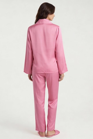 Amoris Şeker Pembesi Uzun Saten Pijama Takımı Pembe