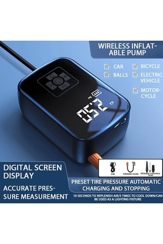 Primepickings Kablosuz Wireless Portatif Araba Kompresörü El Pompası Ve Işıklı Otomobil Motosiklet Lastik Şişirme