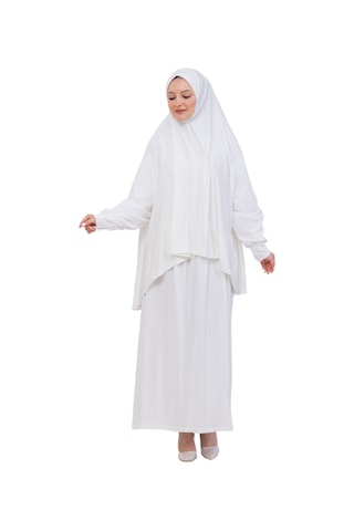 Modish Group İki Parça Namaz Elbisesi Uzun Pamuklu Tesettür Giyim Abaya & Başörtüsü Set Cream