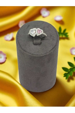 925 Ayar Gümüş Çift Kalpli Pembe Ve Beyaz Taşlı Yüzük Romantik Ve Zarif Tasarım Gümüş