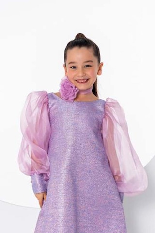 Riccotarz Kız Çocuk Çiçekli Boyunluk Hediyeli Şeffaf Karpuz Kollu Üzeri Simli Lila Elbise Lila