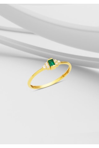 Bilezikci Yeşil Bagetli 14 Ayar Altın Minimal Yüzük Sarı Altın
