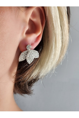 Kuş Çiçek Model Kristal Taşlı Küpe Gümüş