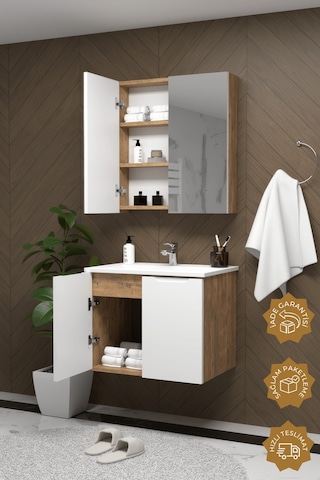 Teta Home Astana 80 Cm Mdf Gövde Membran Kapak Banyo Dolabı Seti Atlantik Çam - Beyaz