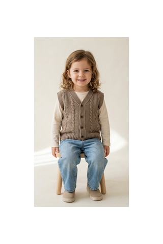 Deniva Kids Unisex Bebek & Çocuk Kahverengi V Yaka Düğmeli Saç Örgü Desenli Triko Yelek