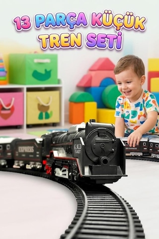 13 Parça Pilli Işıklı Lokomotif Tren Raylı 2 Vagonlu Hareket Eden Eğlenceli Tren Oyuncak Seti