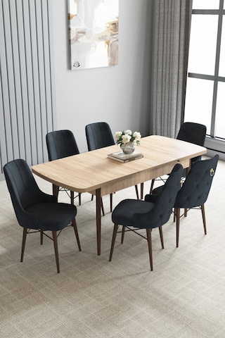 Zümra Serisi, Meşe Desen 80x132 Açılabilir Mdf Mutfak Masası Takımı 6 Adet Sandalye, Antrasit
