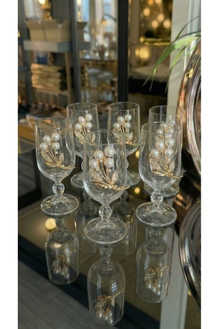 Çnr Home Collection 6 ' Lı Inci Çiçek Detayli Gold Metal Süslemeli Ayakli Cam Kahve Yani Bardak Seti Altin