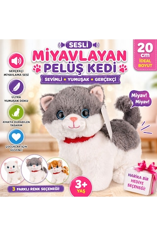 Sesli Miyavlayan Peluş Kedi 20 Cm Yumuşak Sevimli Ayakta İnteraktif Oyuncak Gri