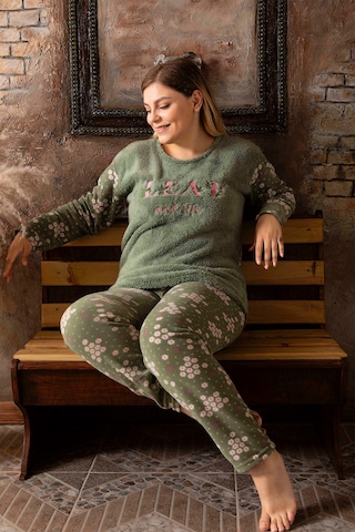 Nisanca Büyük Beden Peluş Polar Pijama Takımı- Kışlık Büyük Beden Kadın Pijama Yesil