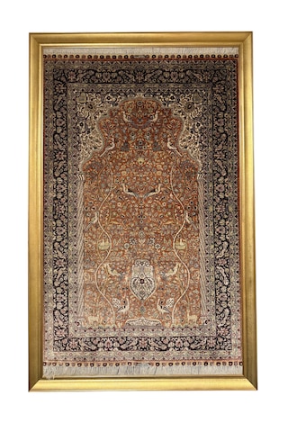El Dokuma Saf İpek Halı Koleksiyonluk Tablo 78x123 Hayat Ağacı Modeli %100 Has İpek Kiremit