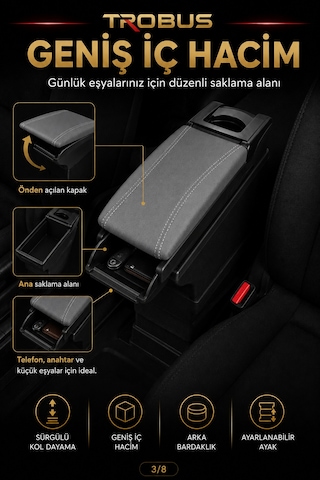 Trobus Renault Megane 1 1996-2003 Uyumlu Ayarlanabilir Ayaklı Kolçak Kol Dayama Bardaklıklı Gri