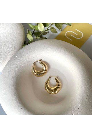 Vintage Çizgi Bombeli Gold Çelik Halka Küpe Gold