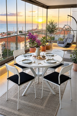 Beyaz 4 Kişilik Minderli Balkon Takımı, Balkon Masası, Balkon Sandalyesi, Yuvarlak Masa, Yemek Masası, Mutfak Masa Sandalye Takımı, 4 Sandalye 1 Masa Beyaz/beyaz-beyaz