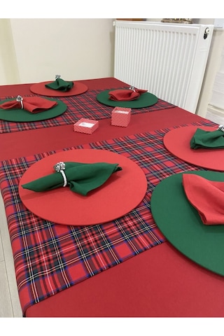 Kırmızı Masa Örtüsü , Ekose Runner , 2 Renk Supla Seti , Peçete 6 Kişilik