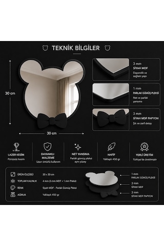 Dekoratif Papyonlu Mouse Tasarımlı Çocuk Odası Duvar Aynası Siyah