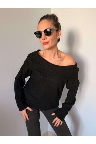 Ali Butik Siyah Madonna Yaka Fitilli Kazak Siyah