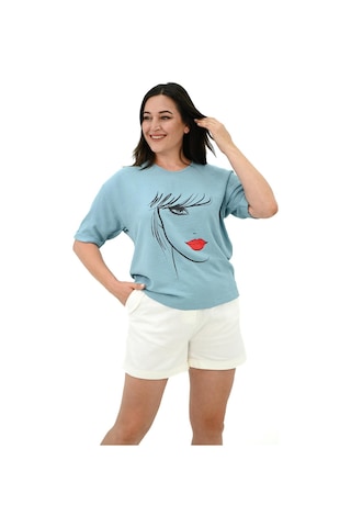 Kadın Büyük Beden Yüz Baskılı T-shirt 1788-25 001