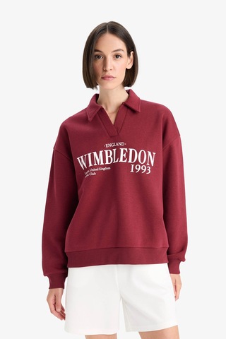 Defacto Relax Fit Polo Yaka Baskılı Kalın Sweatshirt F1063AX25AU Bordo