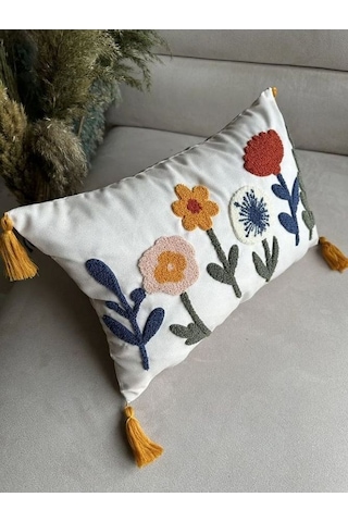 Tekli Punch İşlemeli Çiçekli Flowers Pançlı Nakışlı Dekoratif Kırlent Kılıfı 35x50 Kırmızı Bej