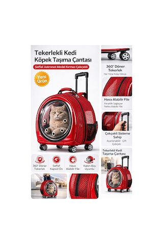 Jumbo Fileli Tekerlekli Kedi Köpek Taşıma Çantası 45 X 50 X 27 Cm Kırmızı 15 Kg