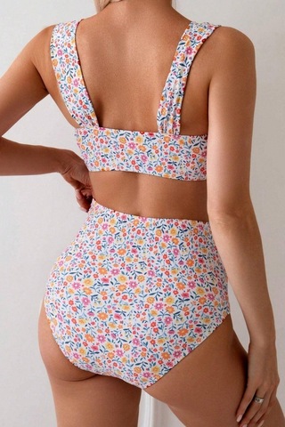 Bella Notte Minimalist Çiçek Desenli Kaplı Yüksek Bel Bikini Takımı Çok Renkli