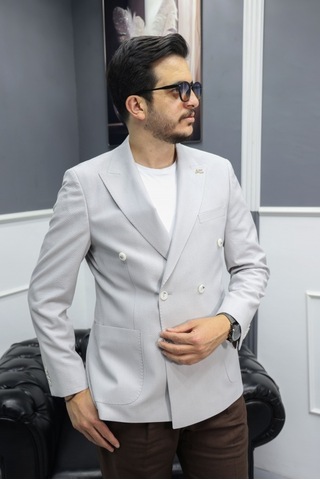 Avni Ceylan Verde Dokulu Gofre Kumaş İtalyan Stil Slim Fit Kruvaze Erkek Ceket Gri