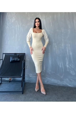 Modayakamoz Eyesof Kadın Kare Yaka Kolları Manşet Ve Tül Detay Fırsat Ürün Midi Boy Elbise Çok renkli