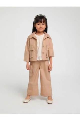 Kız Çocuk Erkek Yaka Cepli İki Düğmeli Ceket-15124 Kahverengi