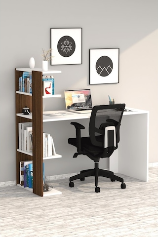 Moonlife Çınar Kitaplıklı Çalışma Masası Beyaz Ceviz Beyaz