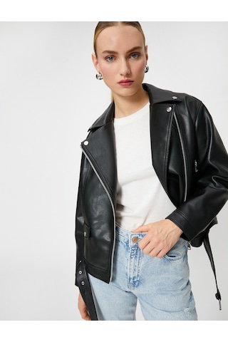 Koton Oversize Biker Ceket Suni Deri Fermuarlı Siyah 3sak20013ew