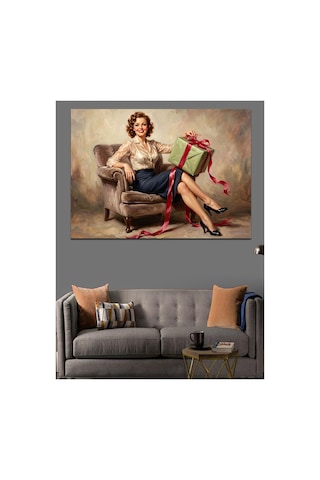 Hediye Paketi Tutan Pin-up Kadın Yağlı Boya Dokulu Kanvas Tablo Canvas Tablosu