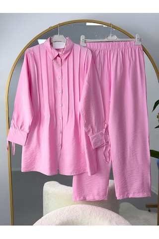 Lovie Moda Pile Detaylı Gömlek Pantolonlu Takım Pembe Lovie Moda Pile Detaylı Gömlek Pantolonlu Takım Pembe