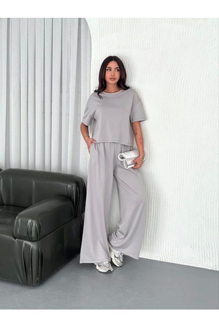 Tam12den Osy Modal Yumuşak Dokulu Kumaş Bisiklet Yaka T-shirt Bol Paça Pantalon İkili Takım - Boyalı Gri Boyalı Gri