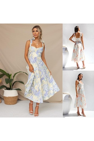 Yazlık Kadın Elbise İnce İnce Belli V Yaka Boyundan Bağlamalı Baskılı Orta Boy Elbise Bej