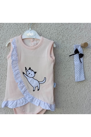 3-9 Ay Kız Bebek Badi Kedili Fırfırlı Bandanalı Somon Çok Renkli