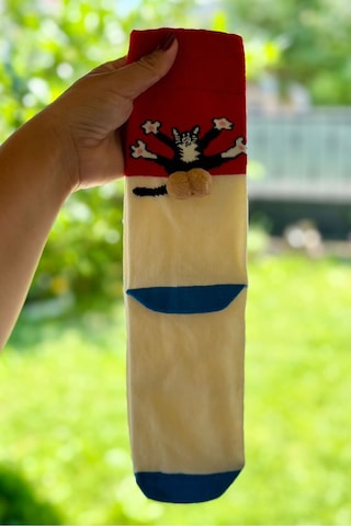 Lousocks Unisex Kırmızı Krem Renk Bloklu Kedi Desenli Ponpon Soket Çorap