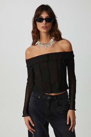 Ethıquet Nerys Kadın Straplez Yaka Omuzları Açık Uzun Kollu Slim Fit Siyah Bluz