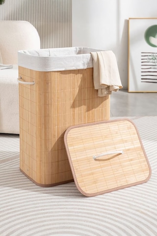 İronika Bambu Kirli Çamaşır Sepeti Halatlı Bambu Çamaşır Oyuncak Sepeti Dikdörtgen Açık Kahverengi