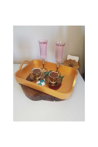 El Boyaması Kaktüs Desenli Altın Tepsi Altın