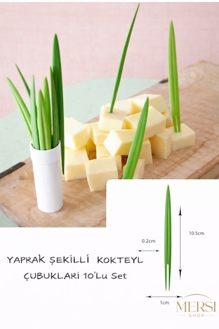 Yaprak Şekilli Kokteyl Çubukları 10 Lu Set Dekoratif Sunum Çubuğu yeşil