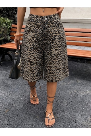 Efnaz Style Kadın Yüksek Bel Leopar Desen Detaylı Kısa Kot Şort