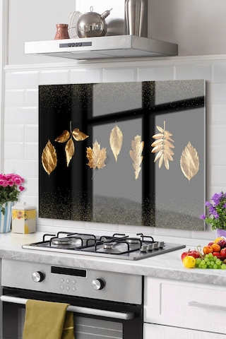 Premium Mutfak Cam Ocak Arkası Koruyucu Tezgah Ankastre Arkası Koruyucu 52x60cm Yaprak Gold