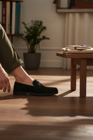 Enoch Hakiki Deri Siyah Süet Metal Tokalı Erkek Comfort Loafer